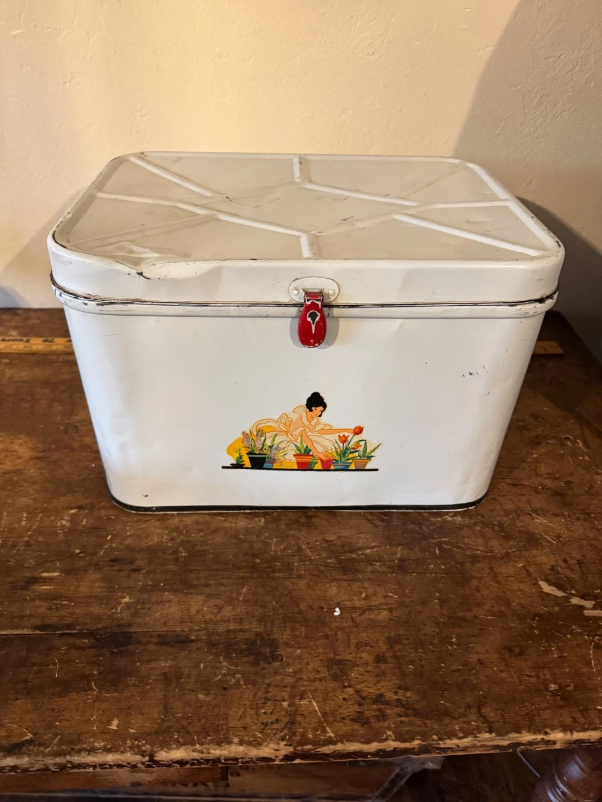 Bread Box Pie Tin Safe Combo Vintage 1940s Yellow Red Blue Floral Latched Retro