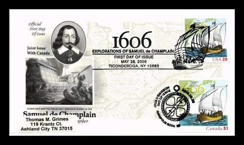 OFFICIAL FIRST DAY COVER DUAL POSTAGE US & CANADA CHAMPLAIN EXPLORATIONS
