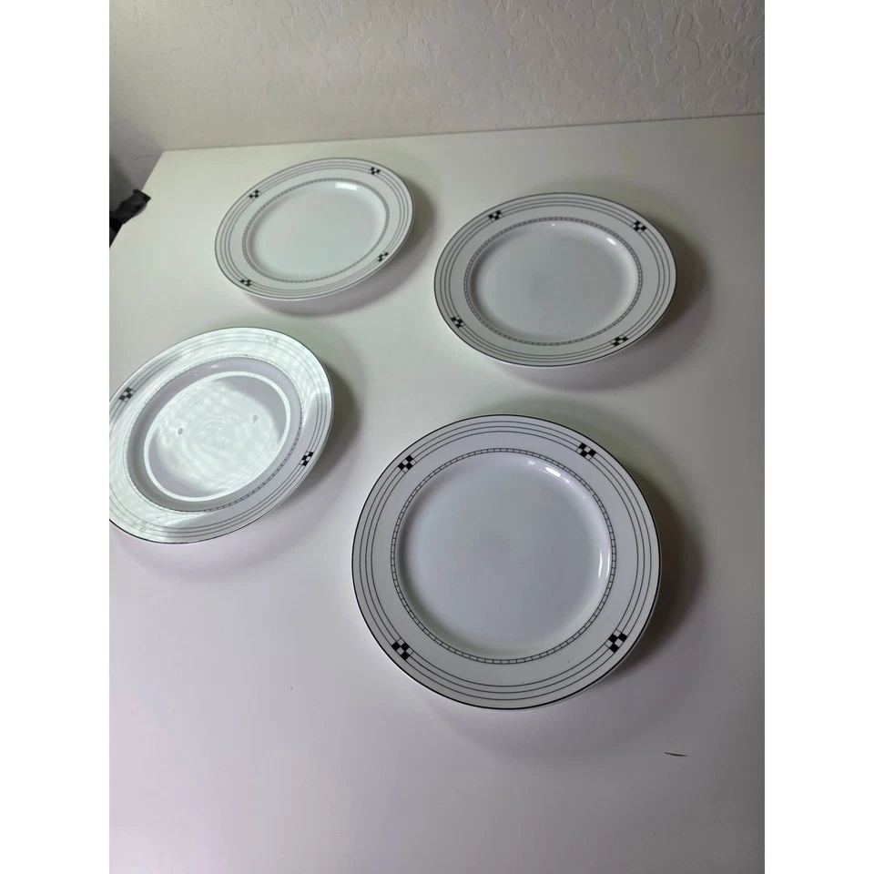 POTTERY BARN Japan White w/ Black Checkered Porcelain 7.5" Salad Plate Set of 4 - Image 2 of 4
