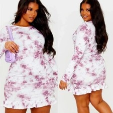 PrettyLittleThing Mauve Tie Dye Long Sleeve Frill Hem Mini Dress Women's Size 12