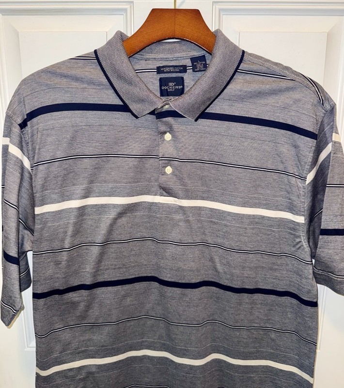 Dockers Golf Mens Mercerized Wicking Cotton SS Gray Navy Striped Polo Shirt L