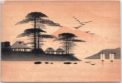 Antike Postkarte Japanische Lack Silhouette Seeszene - Taisho Ära um 1918-1933