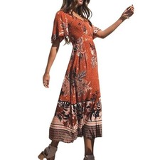 Bohme Floral Polka Dot Maxi Dress L Rust Orange Smocked Boho Country Cowgirl