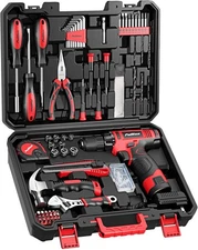 PULITUO 148-Piece Home Drill Set with 12V Red Cordless Drill, Hand Tools