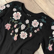 Loft Floral Embroidered Black Sweater Sweatshirt GUC XS