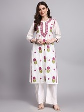 Women White Chanderi Kurti with Chikankari Embroidery