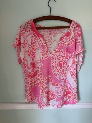 Lilly Pulitzer Tunic Top Duval Linen Hot Coral Trunk in Love Pink Elephant L
