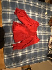 Red Off-Shoulder Smocked Long Sleeve Blouse