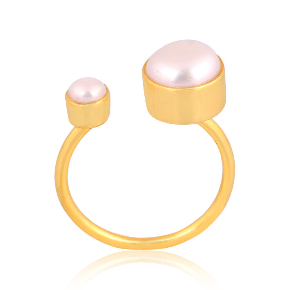 18k Gold Plated Adjustable Ring With Round Cut Pearl For Anniversary