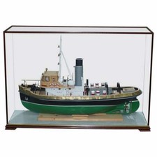 LARGE MODEL SHIP OF THE ANTEO TUGBOAT IN MAHOGANY FRAME GLASS EXHIBITION CASE