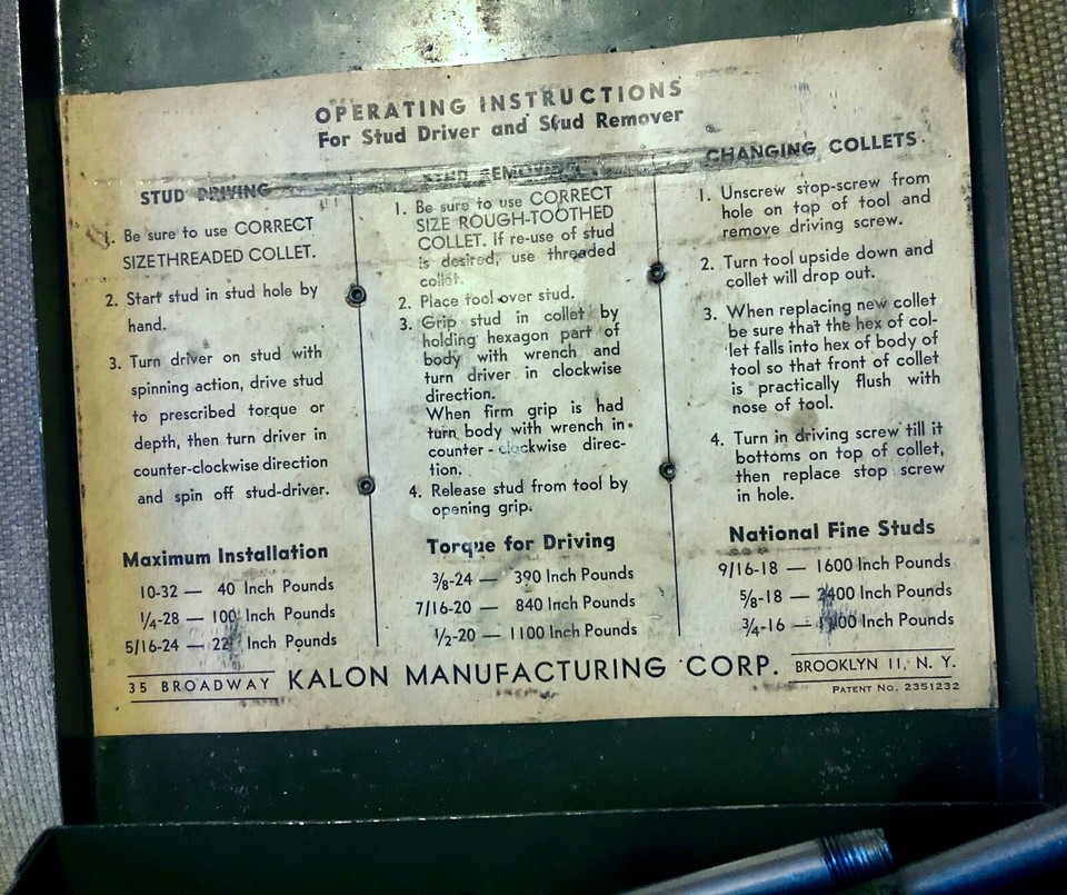 Vintage US Military Kalon Standard Stud Remover and Driver Kit USA eBay