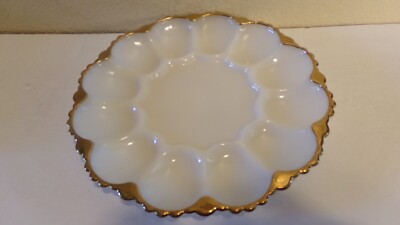 Deviled Egg Plate White Milk Glass Gold Trim Anchor Fire King Vintage Tray
