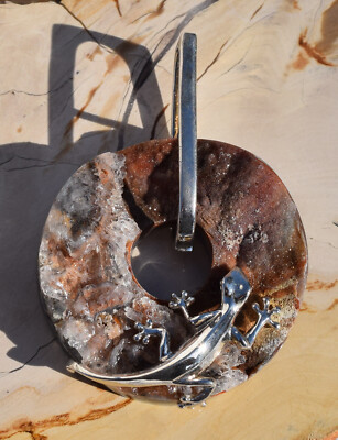 Sterling Silber Eidechse auf Erde farbige Druzy Achat Edelstein Halskette 18'' 