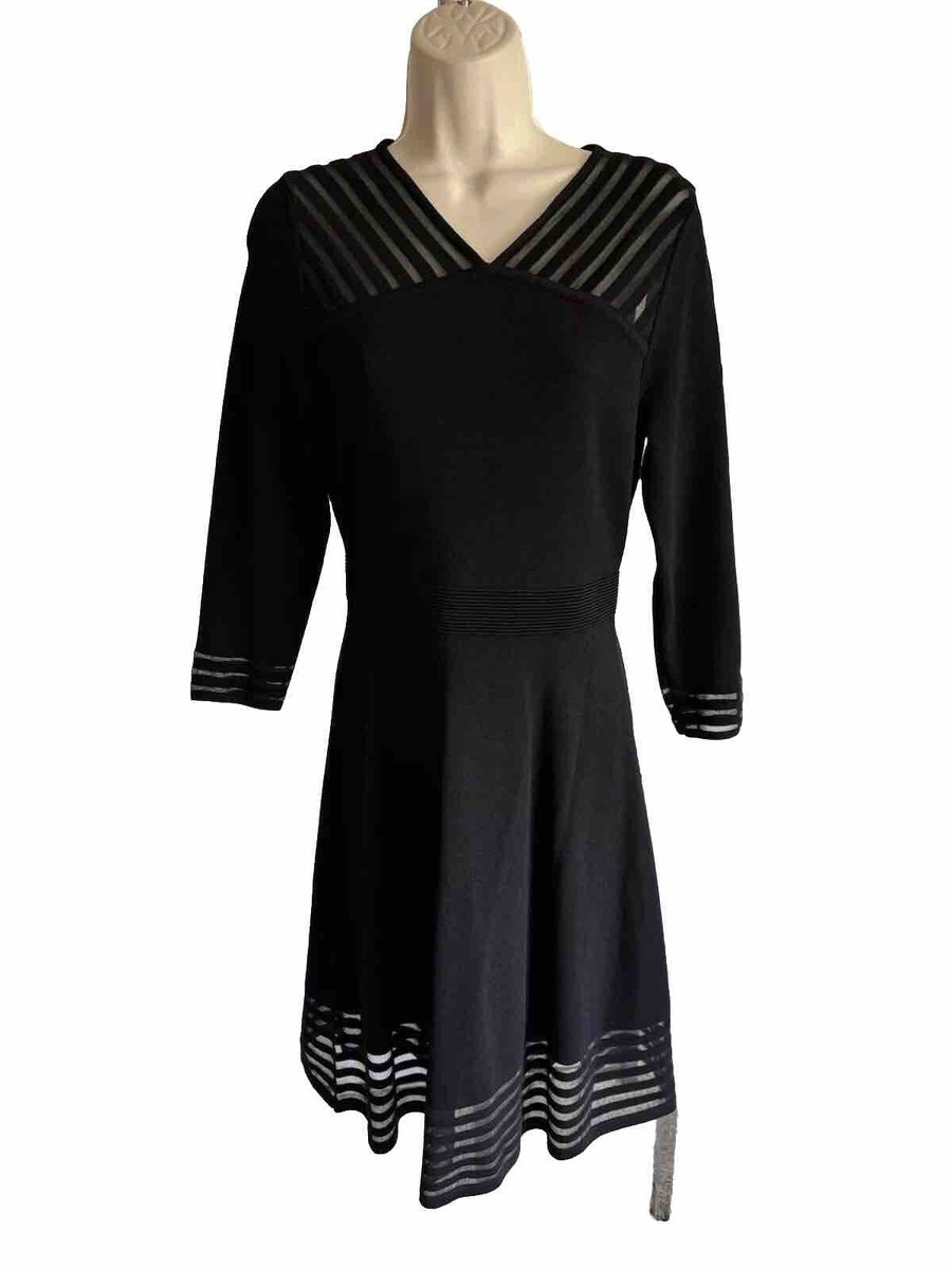 Calvin Klein Black Fit n Flare Dress/w mesh rings trim at neck + hem v nk  zip S | eBay