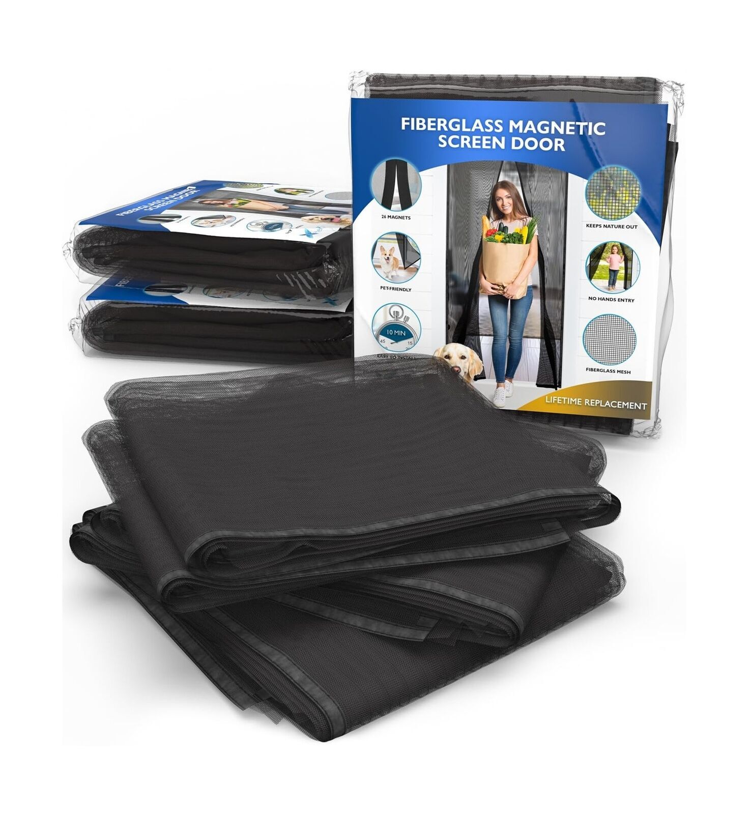 FLUX Heavy Duty Fiberglass Magnetic Screen Door (3-Pack) - Durable Upgraded M...