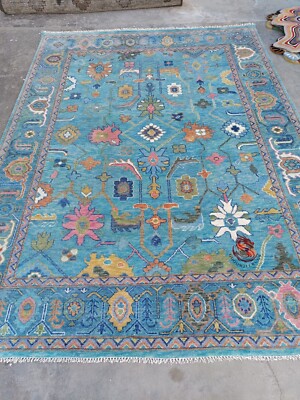 Modern Hand Knotted Oushak Rug Blue & Orange Area Rug 4X6, 5X8, 6X9, 8X10, 9X12