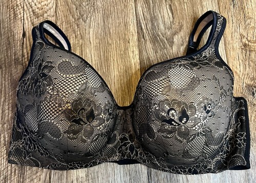 Cacique 42DDD Lightly Lined Balconette Bra Black Beige/Tan Lace Overlay