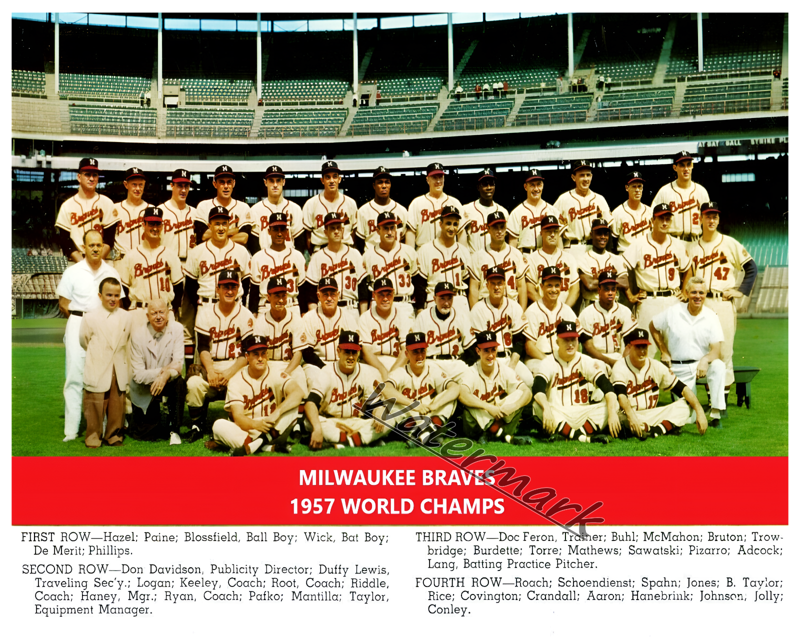 MLB 1957 World Champion Milwaukee Braves Team Picture with Names 8 X 10  Photo