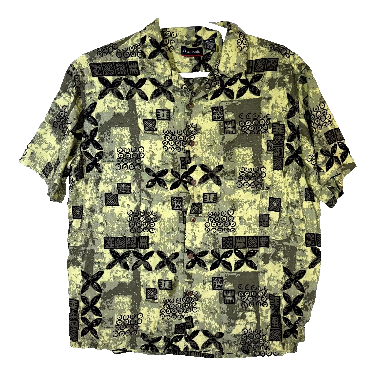 Ocean Pacific Men's Shirt XL Green Hawaiian Viscose Short Sleeve Button Up
