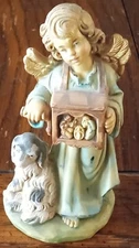 Vintage Angel Figurine with Young Ewe and Nativity Scene Box