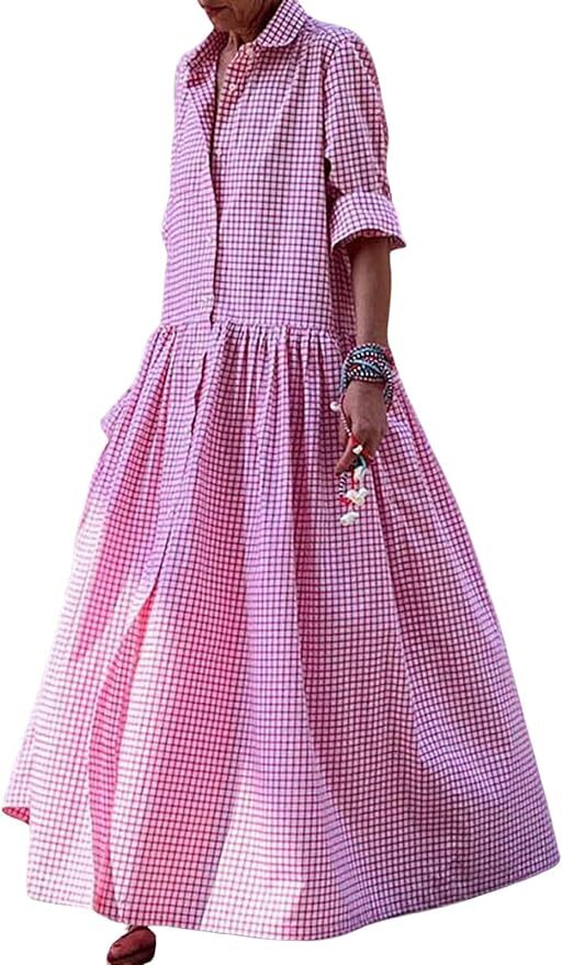 chinese dress ladies Gingham Print Long Dress