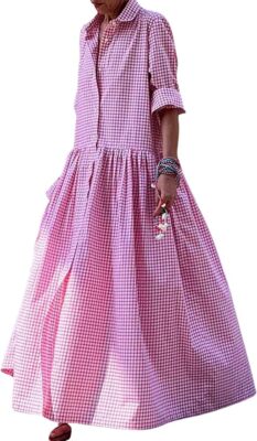 chinese dress ladies Gingham Print Square Neck Long Sleeve Maxi Dress