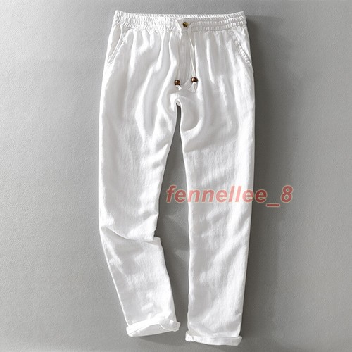 Herren 100% Leinen Hose Gummibund Kordelzug Slim Fit Hose Sommer Freizeit - Bild 4 von 29