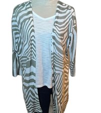 Chico Size 2 Green White Open Front Cardigan Linen Cotton Long Sleeves Large/12