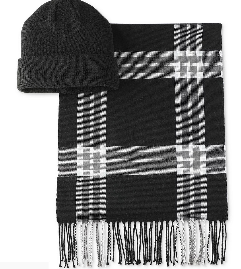 Club Room Men's Beanie - Scarf Set, Black - White, One size