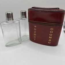 Vintage Whisky & Cognac Bottle Set in Red Leather Zipped Case. Italian