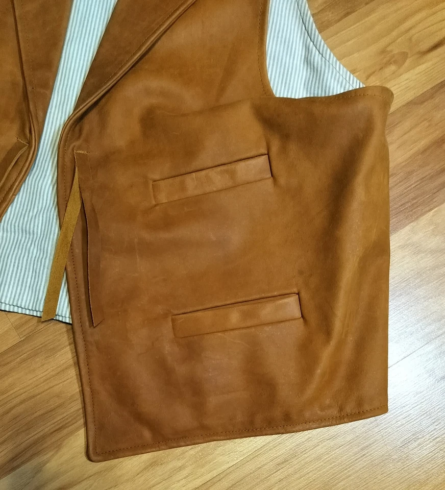 Wah Maker Tan Leather Vest Men’s XL Tan Western Cowboy Vintage Style Made in USA - Image 3 of 4