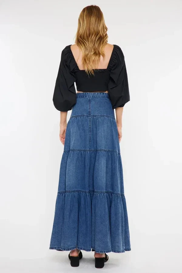 Maxi Falda KanCan Talla L Thalia Denim En Niveles Lavado Oscuro Cremallera-Mosca Cottagcore Foto 3 de 4
