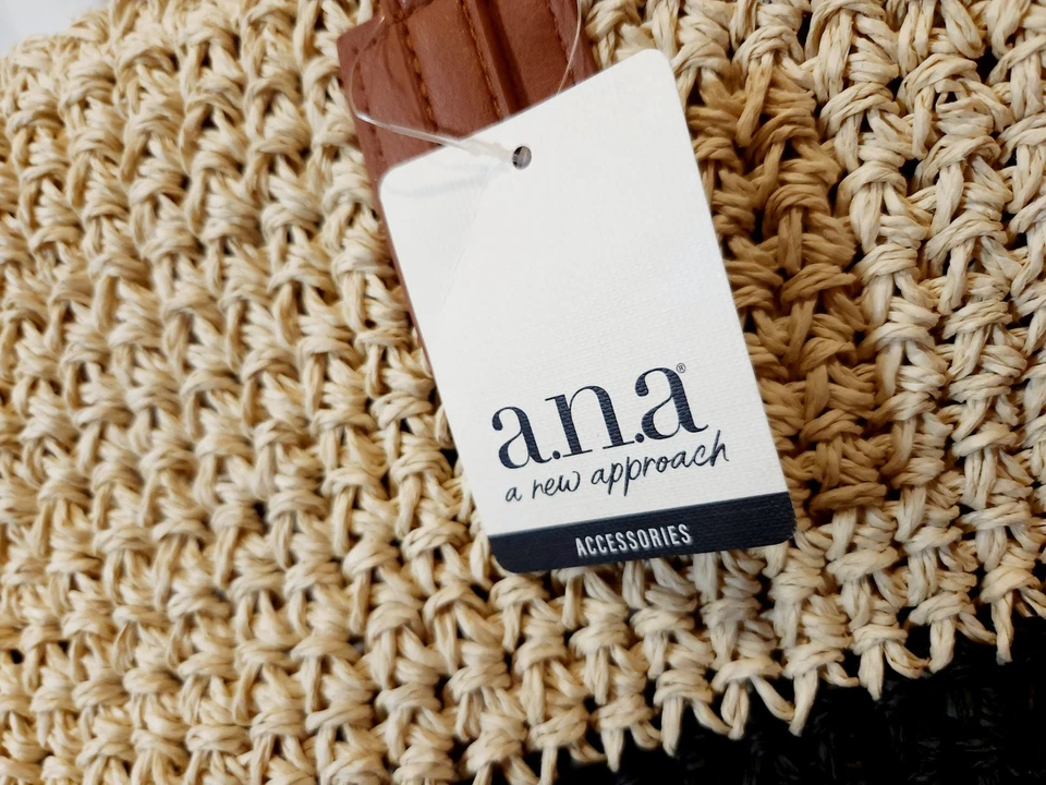A.n.a | Beige Paper Straw Brown Leather Handle Stripe Large Beach Tote Bag NEW! - Image 3 of 4