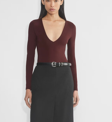 Babaton by Aritzia - Contour V-Neck Longsleeve Deep Bodysuit - Burgundy sz M