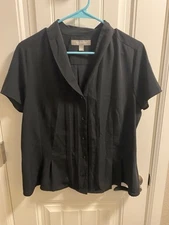 Croft Barrow L Top Button Front Black Short Sleeve Blouse Large Shirt Lg