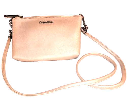 Calvin Klein Crossbody Bag Womens Small Mini Beige Chain Strap Saffiano Look