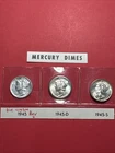 1945- P D & S BU 10C Mercury Dimes Trio Brilliant Uncirculated Set 90% Silver