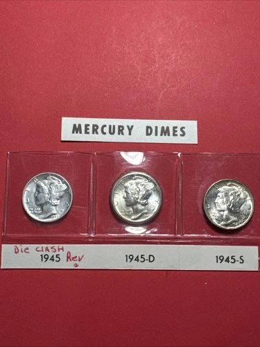 1945- P D & S BU 10C Mercury Dimes Trio Brilliant Uncirculated Set 90% Silver