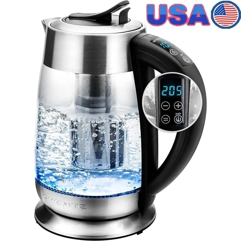 1.8L Electric Glass Kettle Stainless Steel Infuser Auto Shut Off Keep Warm 1500W