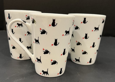 Set of 3 Konitz Germany Cat Coffee Mugs Black Cat & Red Yarn Porcelain Cups