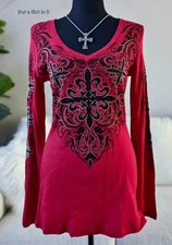 USA New VOCAL APPAREL CRYSTAL RED BLACK CROSS LONG SLEEVE SHIRT L Large Y2K