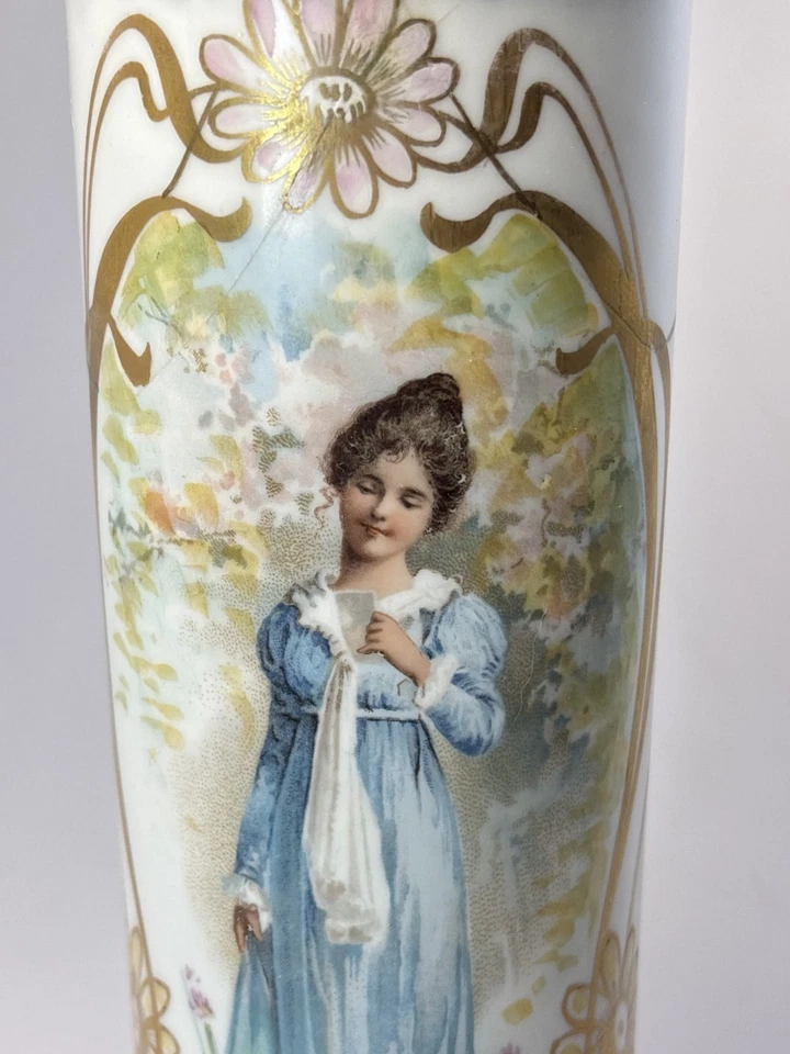 Jarrón antiguo retrato de porcelana Limoges niña victoriana en azul Guerin Francia Foto 4 de 4