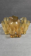 Vintage Amber Threaded Glass Pitcher with 8 Tumblers Lemonade Set