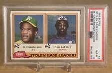 1981 Topps 1980 Stolen Base Leaders Rickey Henderson/Ron LeFlore #4 PSA 8