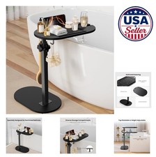 Bamboo Bathtub Tray Adjustable Height Freestanding Bath Caddy with Swivel Top