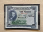 SPAIN 100 PESETA BANKNOTE YEAR 1925 CIRCULATED WITH FOLD