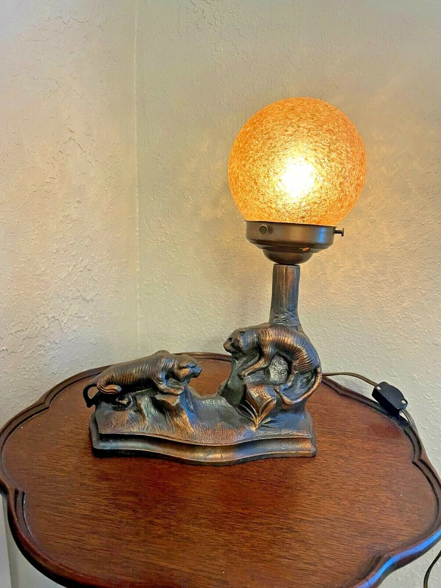 1920 30s ART DECO Cast Metal Boudoir Tigers Lamp