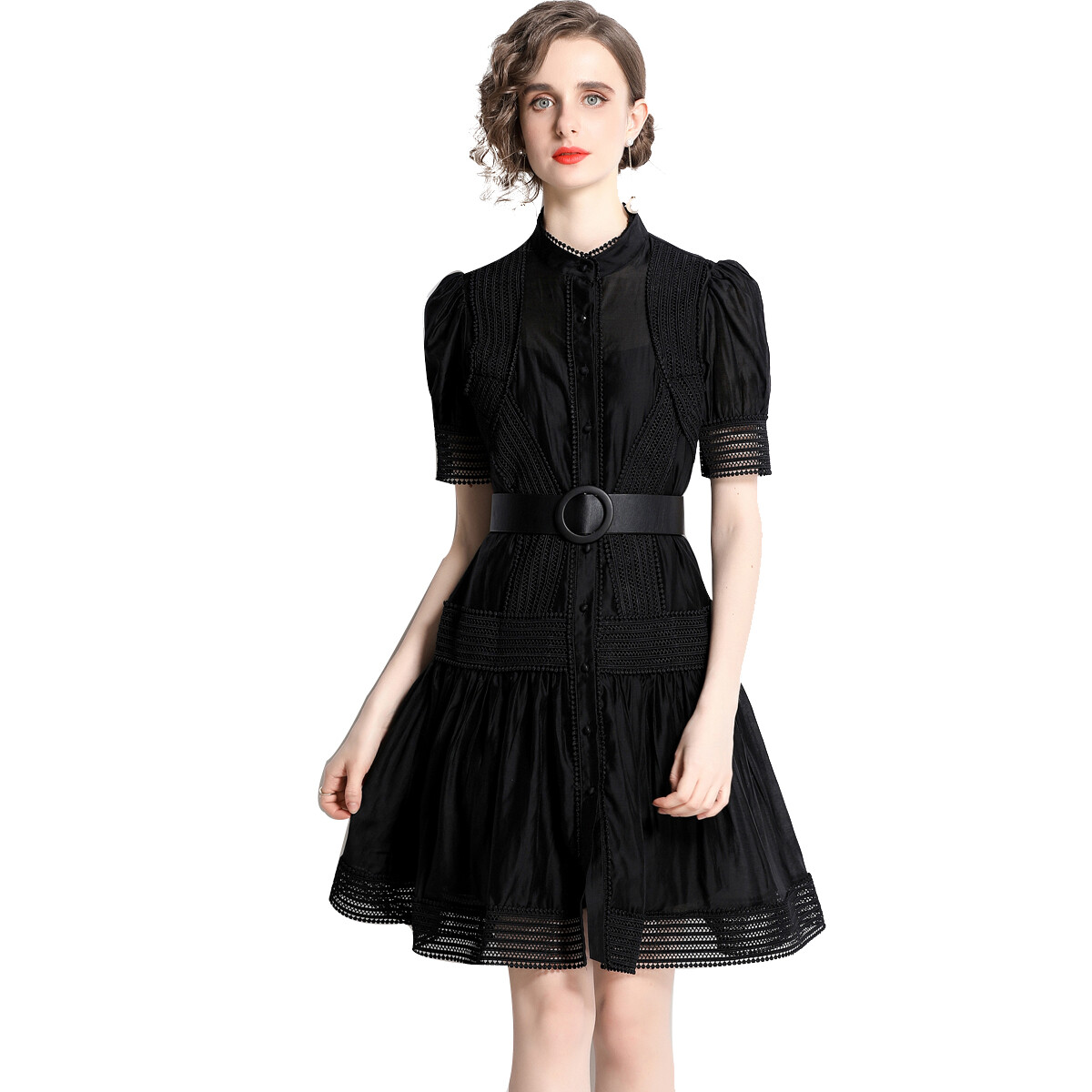 Womens Elegant Black Floral Lace Stand Collar Short Sleeves Belt Slim 