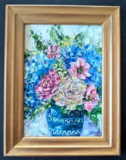 ORIGINAL OIL Painting " FLOWERS  in VASE"  impasto 7"x5" by Olga Diduh.