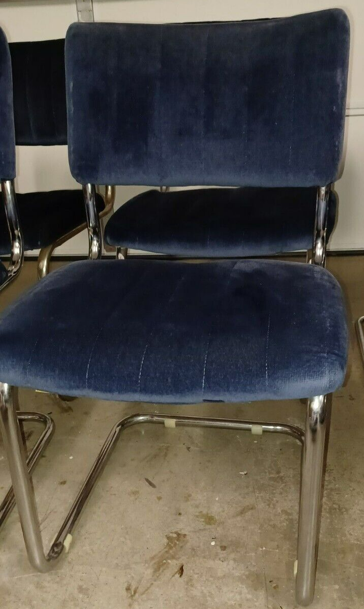 4 Segars Tubular Cantilevered Chrome And Blue Velvet Dining Chairs eBay